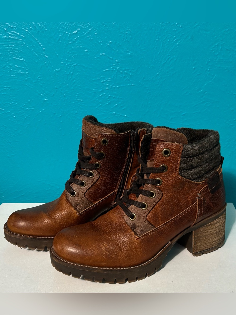 Bullboxer Cassie Leather Combat Boots Brown Cognac Knit Size 8